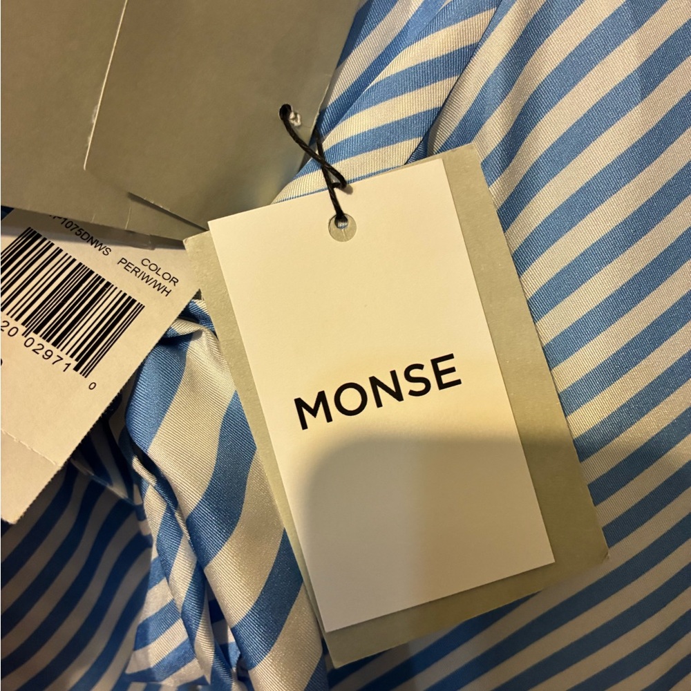 NWT MONSE 100% Silk Blue White Striped Bow Tie Midi Dress Size 2 - Picture 10 of 10